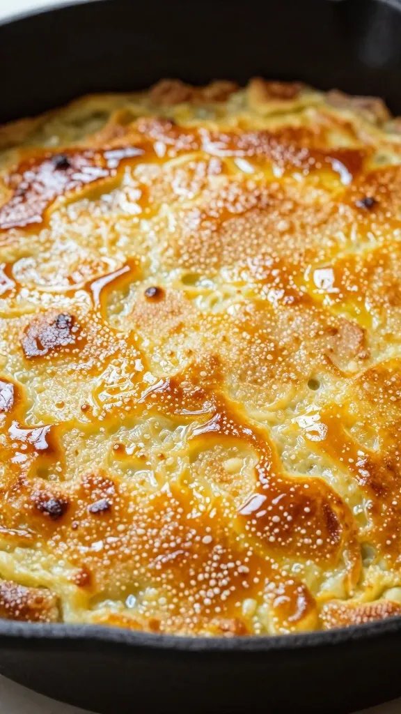 glossy golden crust of flapjack casserole in cast-iron pan