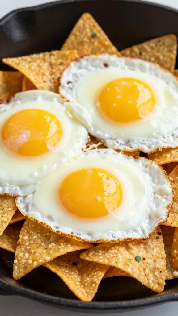 single skillet with sunny-side eggs over nachos, closeup