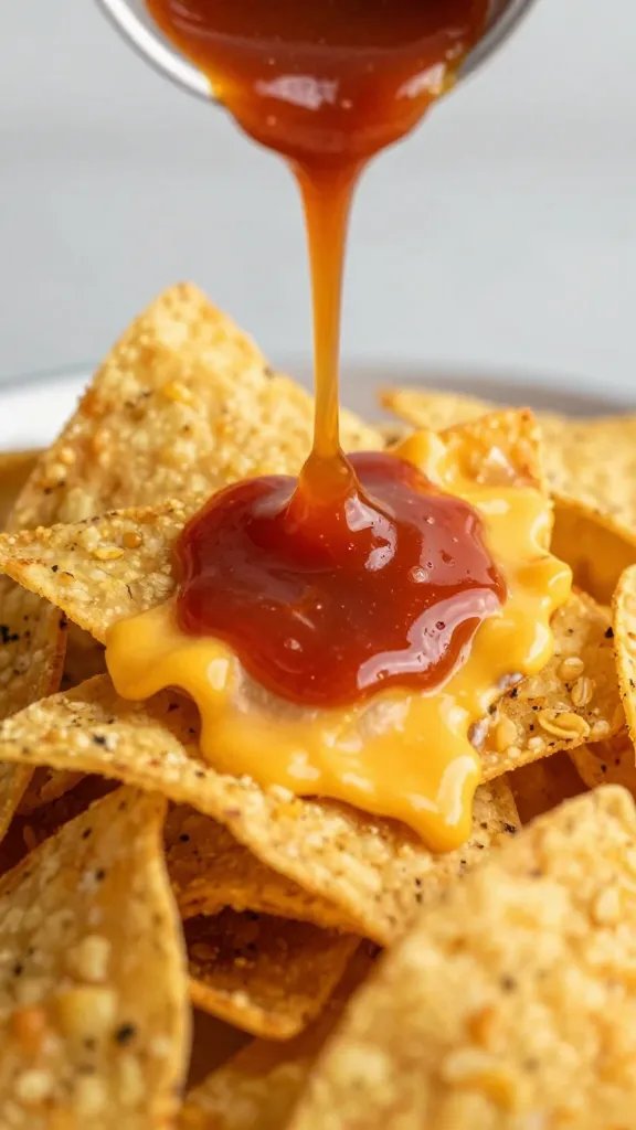 drizzle of maple hot sauce on cheesy nachos, macro