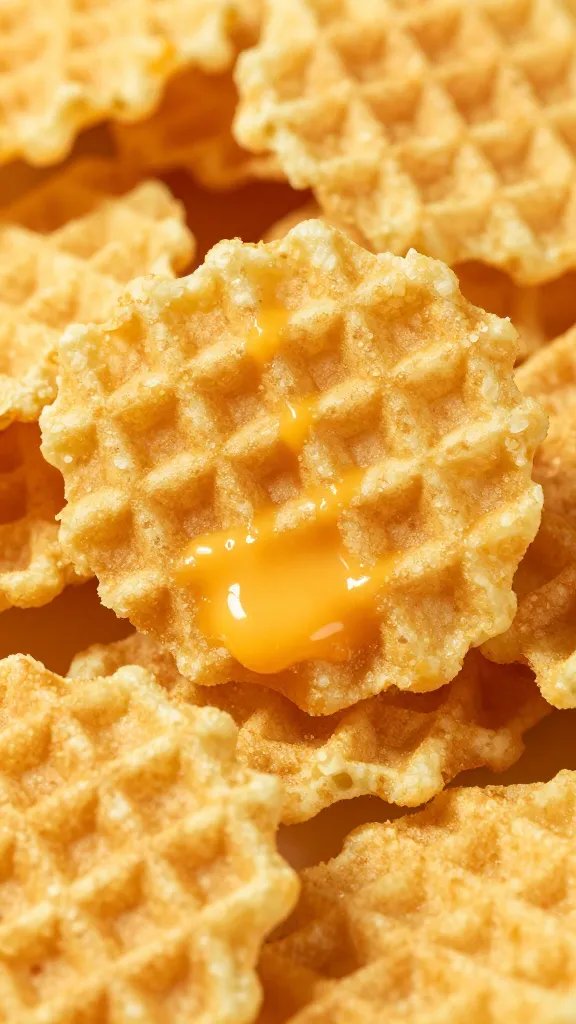 golden crispy Kodiak waffle chips with melted cheddar, closeup
