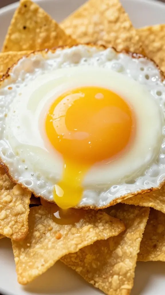 single fried egg atop nachos with runny yolk, macro