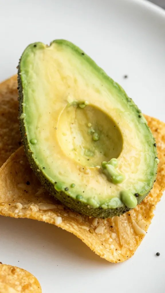 creamy avocado slice on protein-packed breakfast nacho, macro