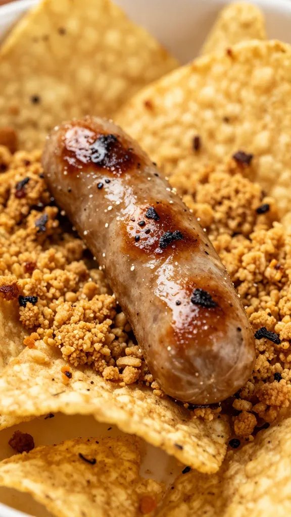 browned breakfast sausage crumble on nacho chip, closeup