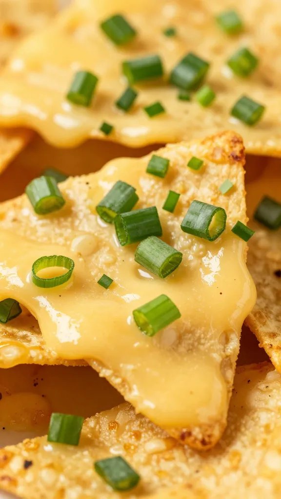 chopped scallions sprinkled over cheesy Kodiak nacho, macro
