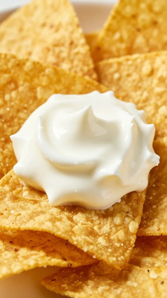 dollop of sour cream on warm breakfast nacho, closeup