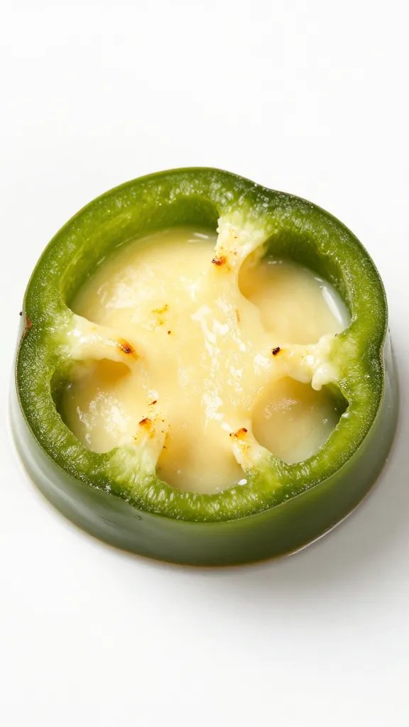 single roasted jalapeño ring on melty cheese, macro