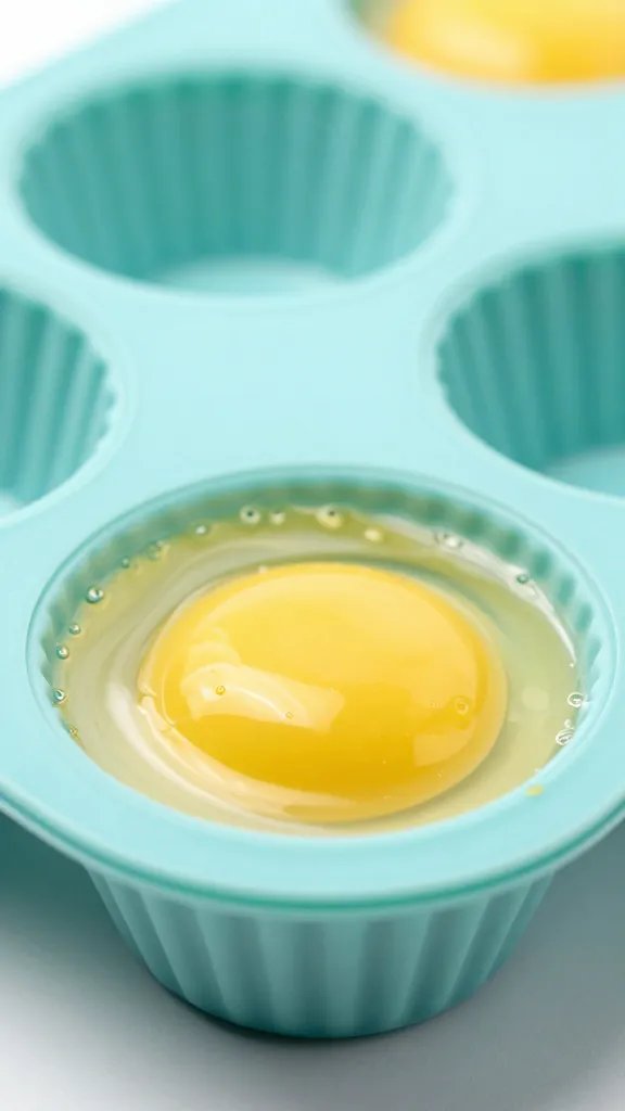 silicone muffin cup holding egg muffin, macro shot