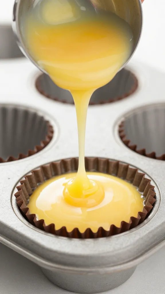 whisk dripping egg mixture into one muffin cup