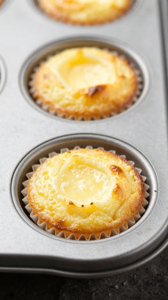 lone muffin tin well with baked egg muffin, closeup