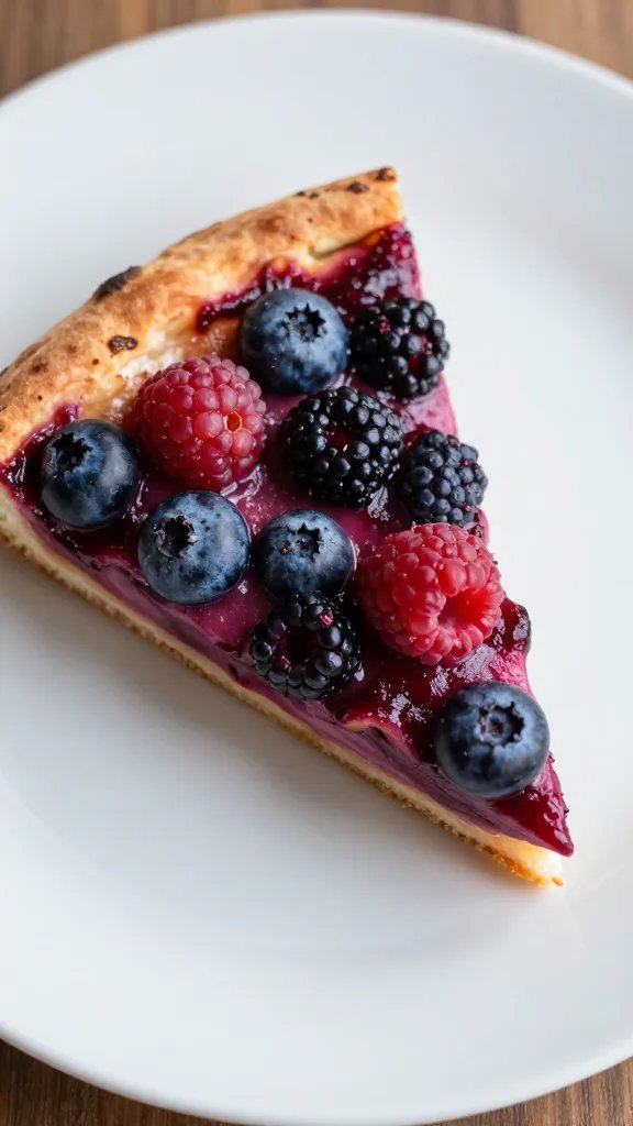 Closeup berry fruit pizza slice on matte white plate