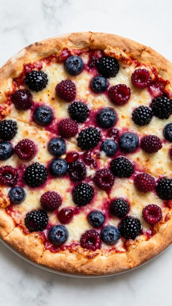 Overhead full berry fruit pizza on marble surface