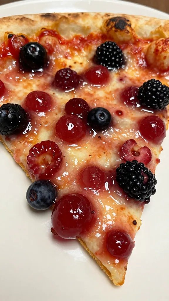 Glossy mixed-berry topping glistening on pizza slice