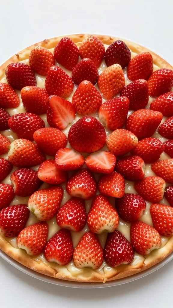 Strawberry fan arrangement centered on fruit pizza