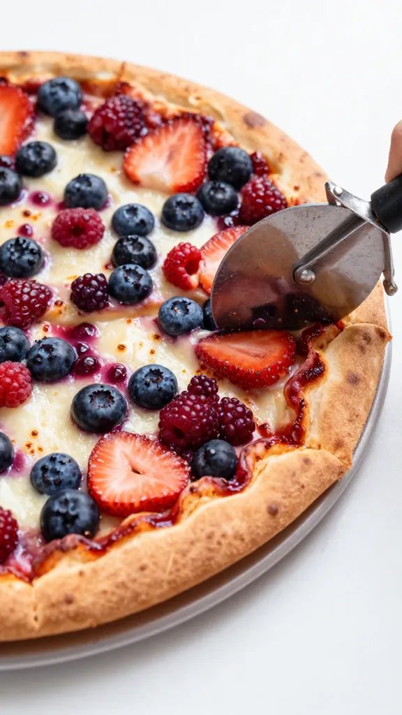 Pizza cutter slicing through berry fruit pizza edge
