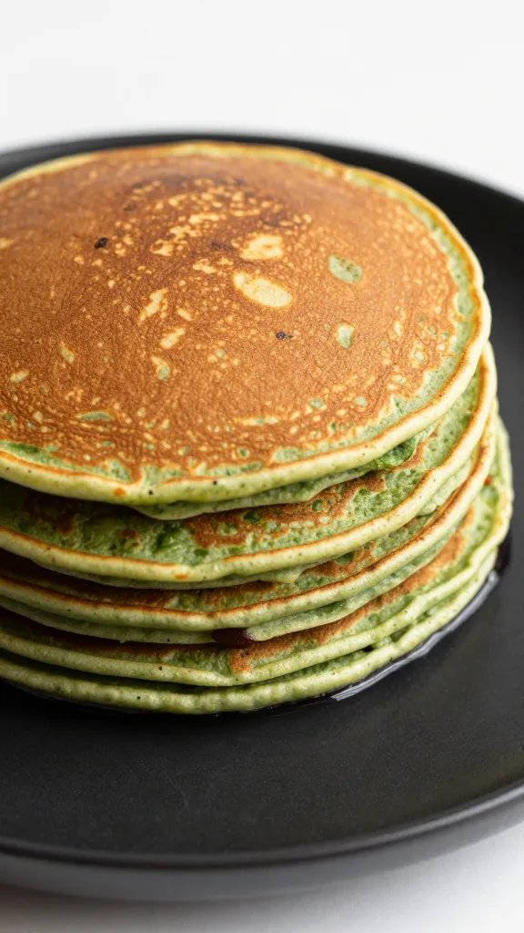 closeup stack of spinach pancakes on matte black plate