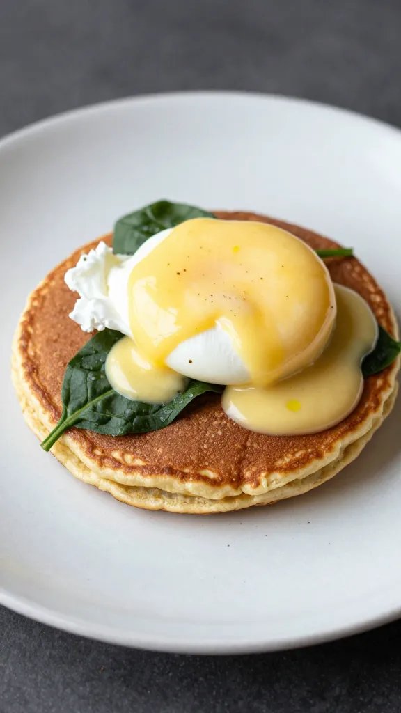 single spinach pancake with poached egg and hollandaise
