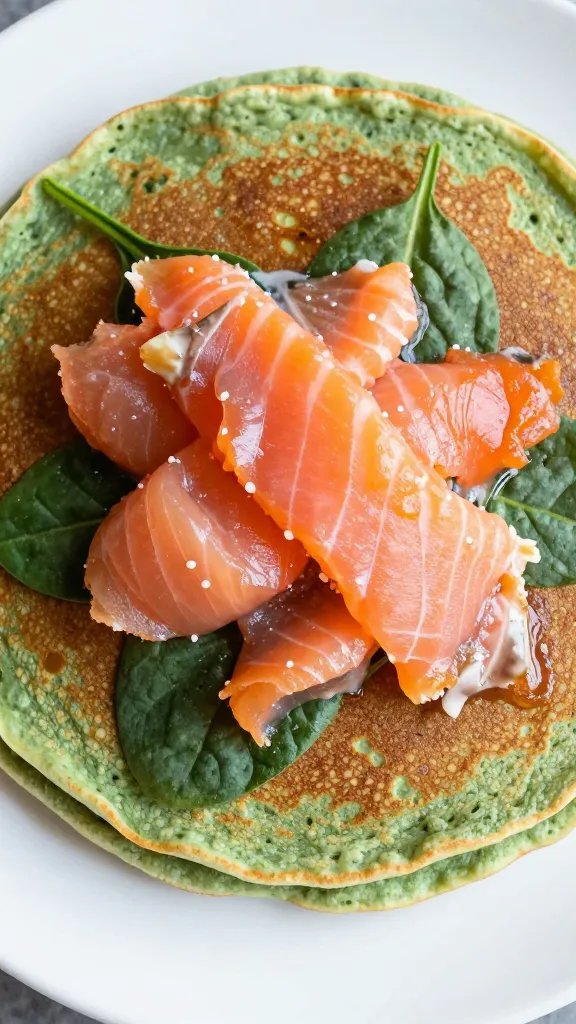 overhead closeup spinach pancake topped with smoked salmon