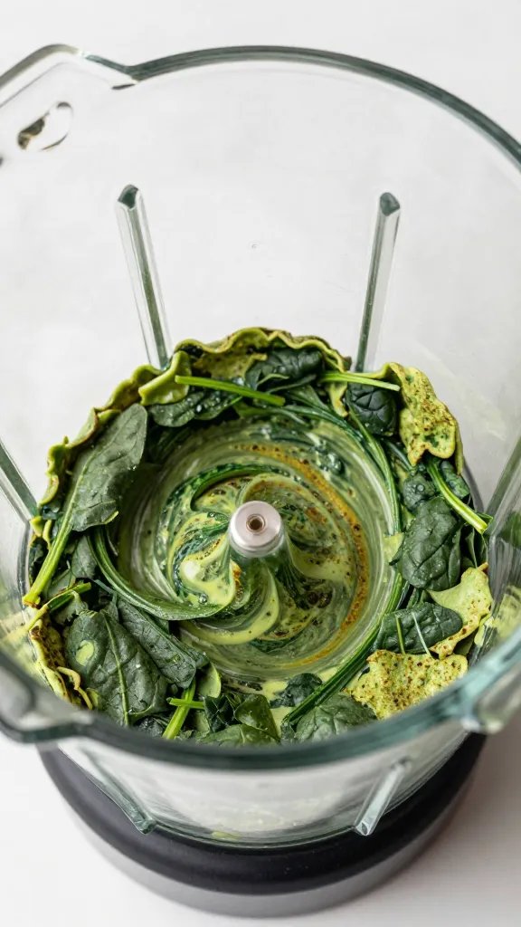 spinach pancake batter swirling in glass blender jar