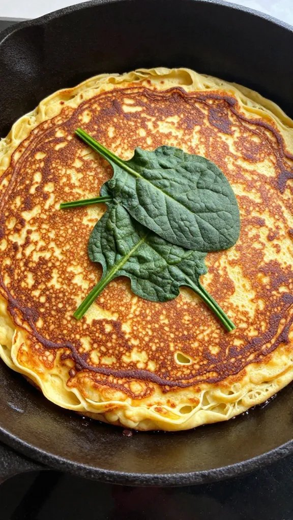 golden-edged spinach pancake on cast-iron skillet