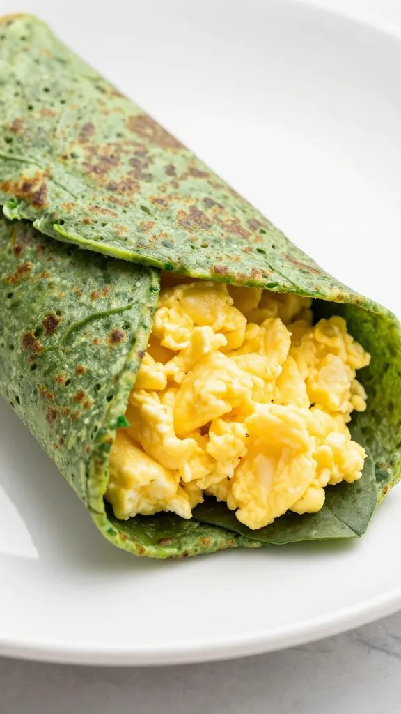 spinach pancake used as wrap around scrambled eggs