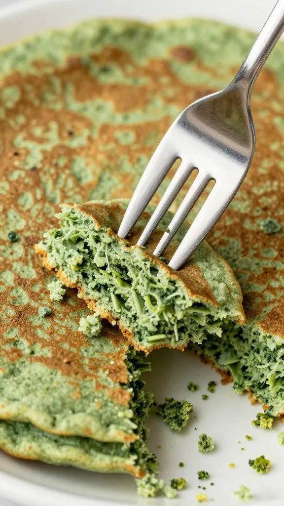 fork cutting into fluffy spinach pancake crumb