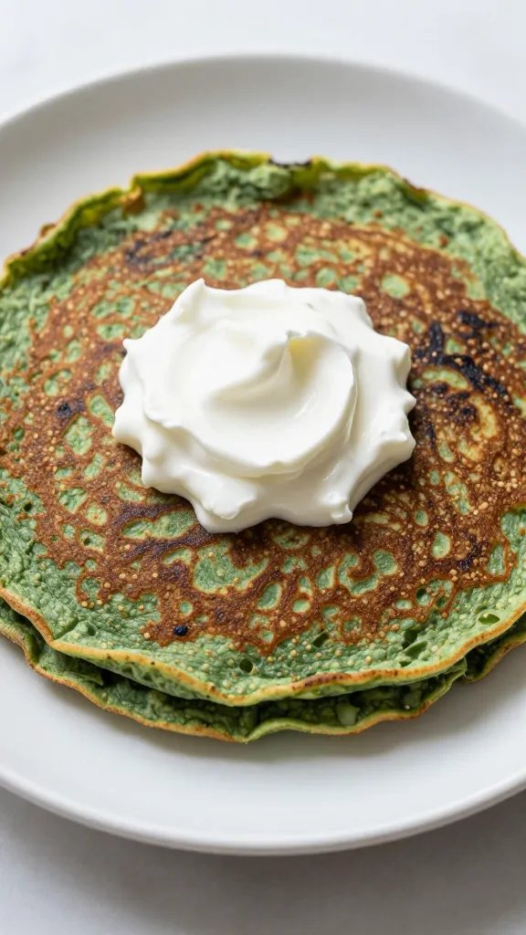 spinach pancake topped with dollop of Greek yogurt