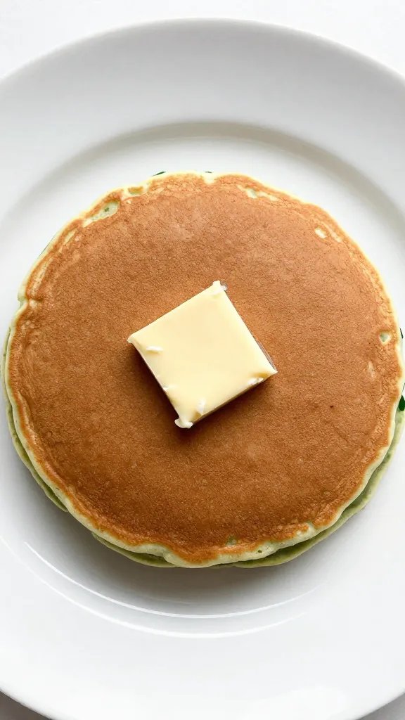 single spinach pancake on white plate with butter pat