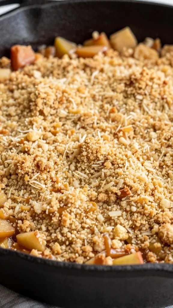 closeup of caramel apple crumble in cast-iron skillet