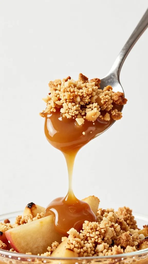 spoonful of gooey caramel apple crumble mid-air