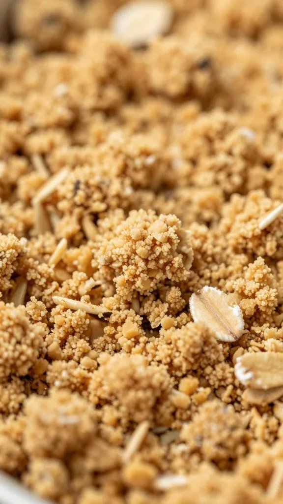 golden crumble topping macro with visible oats