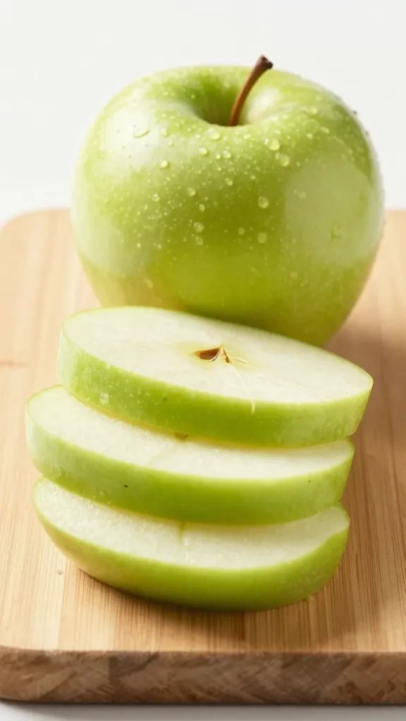 single Granny Smith apple sliced on wooden board