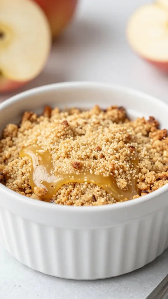 single ramekin of bubbling apple crumble