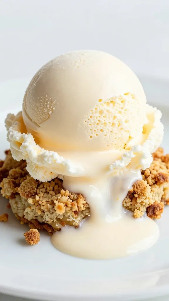 scoop of vanilla ice cream melting on crumble