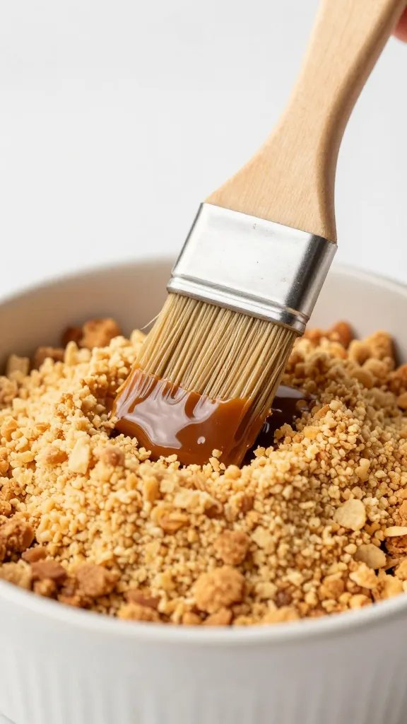 pastry brush glazing crumble with warm caramel