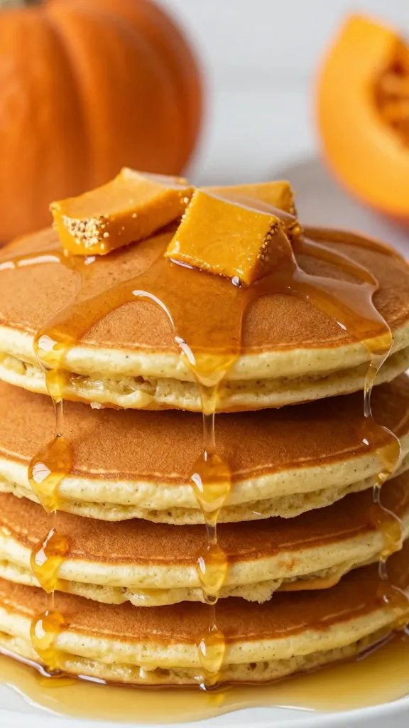 closeup stack of pumpkin spice pancakes with maple drizzle