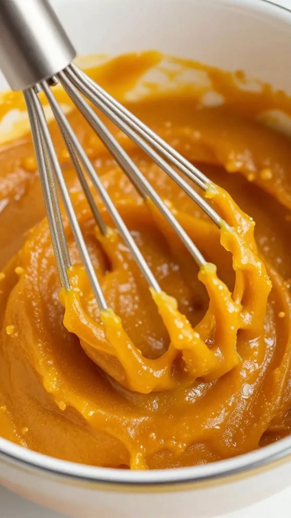 whisk mixing pumpkin puree into batter, macro shot