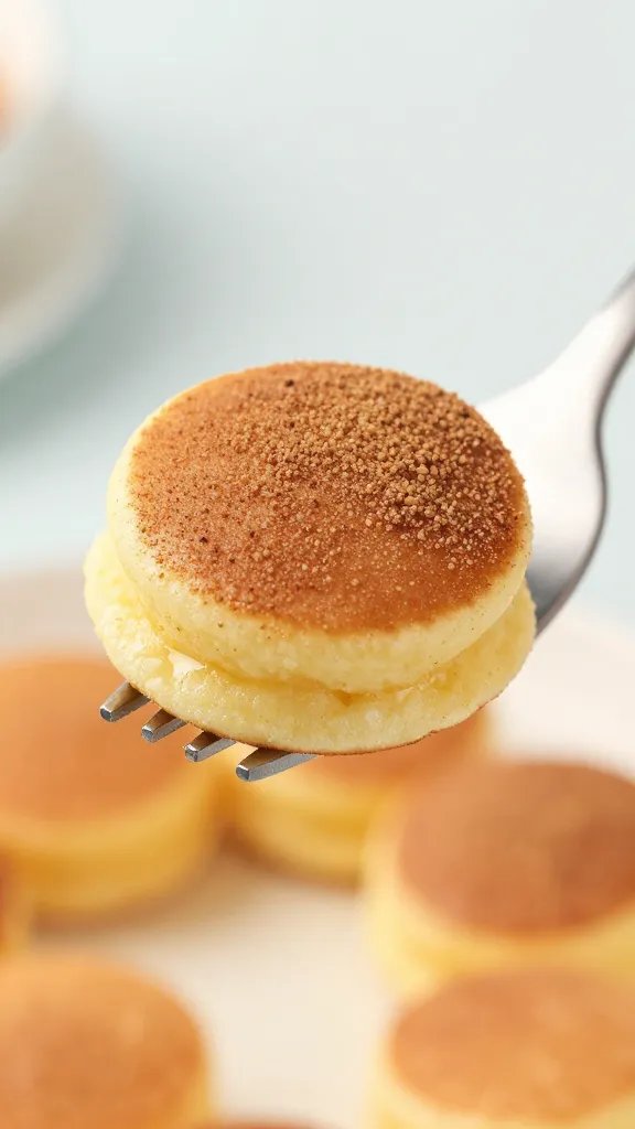 cinnamon-dusted pancake bite on silver fork, closeup