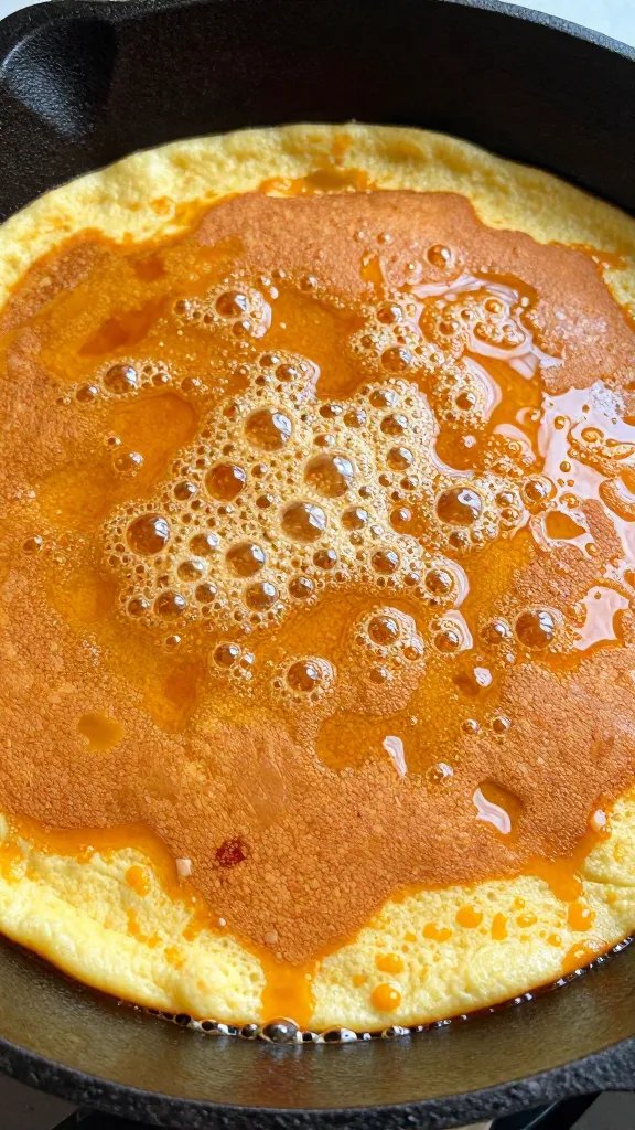 cast-iron skillet with bubbling pumpkin pancake surface