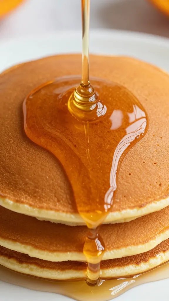 maple syrup stream over pumpkin pancake edges, closeup