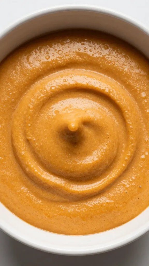 ceramic bowl of pumpkin spice batter, overhead closeup