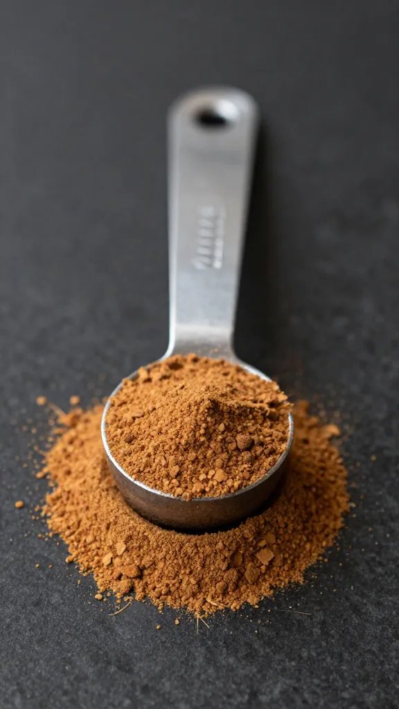 measuring spoon of ground cinnamon on dark countertop