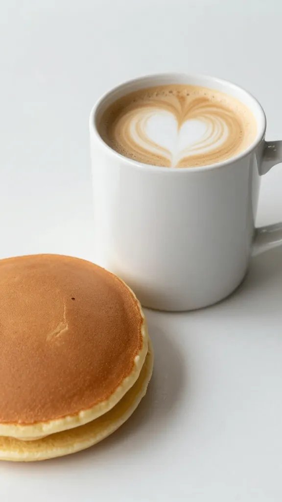 latte in white mug beside single pancake, tight crop
