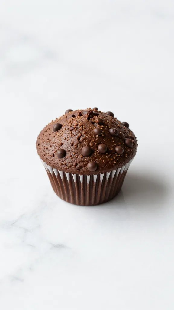 lone chocolate-studded muffin top on white marble