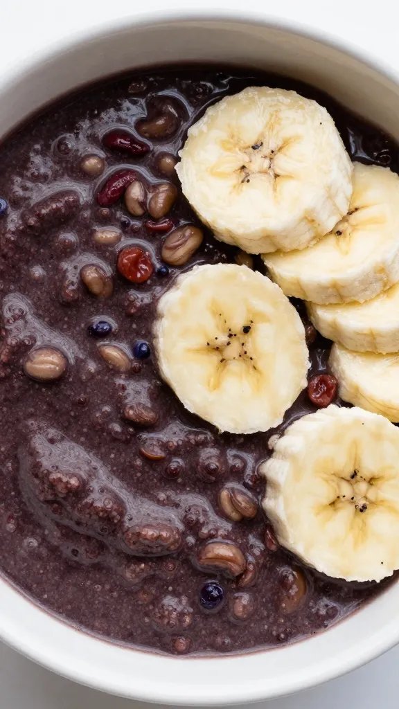 Thick acai bowl with banana slices, overhead closeup