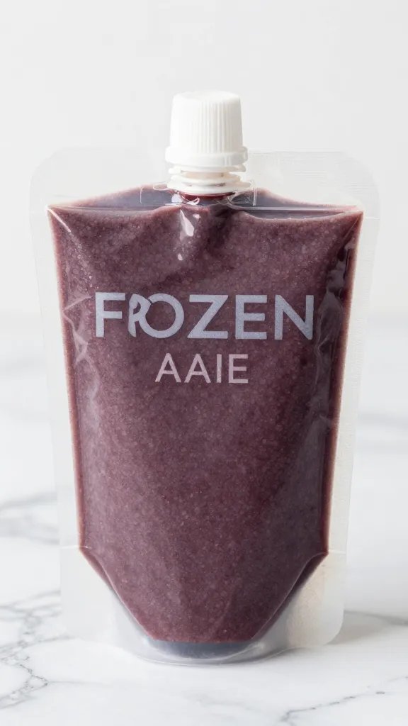 Frozen acai puree packet, frosty closeup on marble