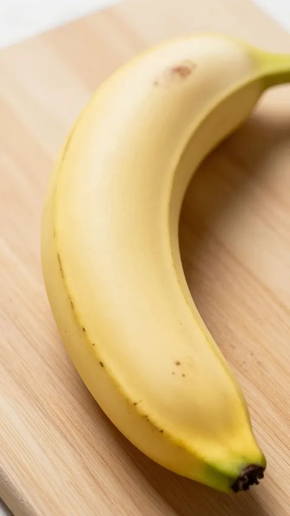 Single ripe banana half on cutting board, closeup