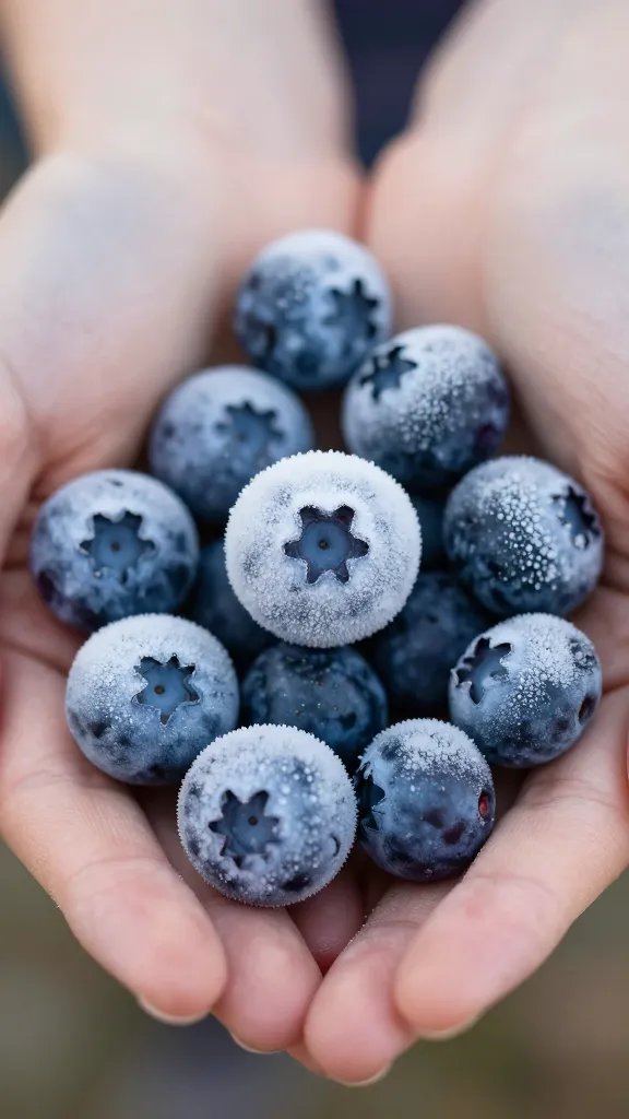 Handful of frozen blueberries, frosty macro shot