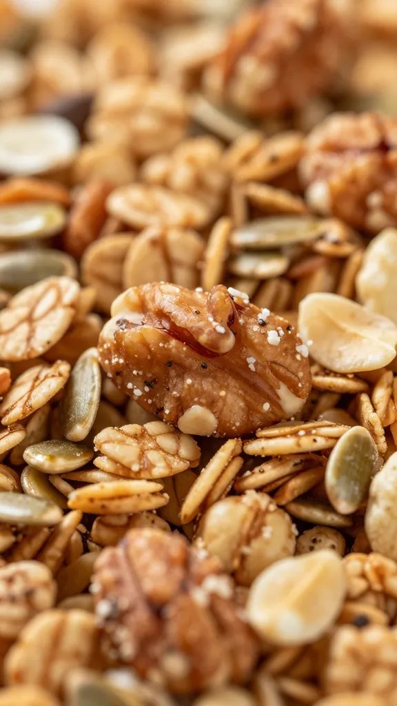 Granola cluster with nuts and seeds, crisp closeup