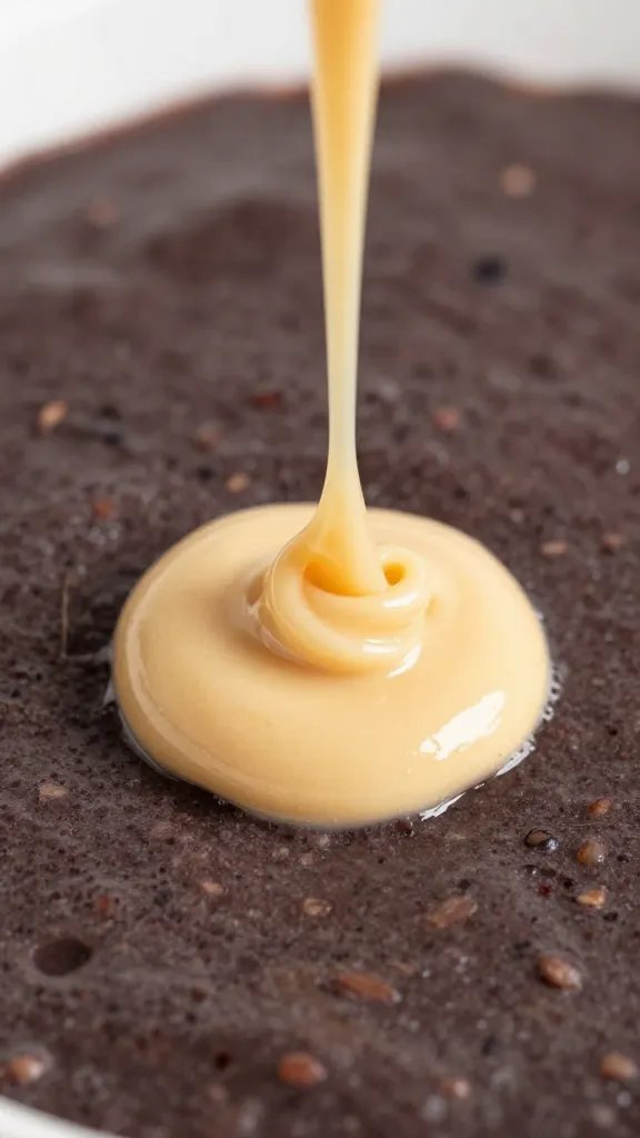 Drizzle of almond butter over acai surface, macro