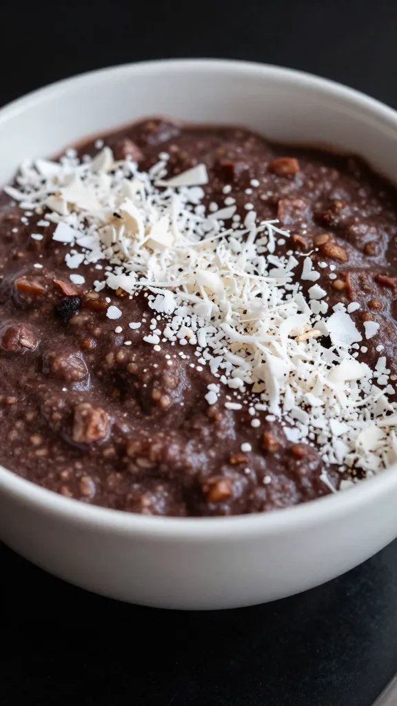 Coconut flakes sprinkled on acai bowl, tight crop